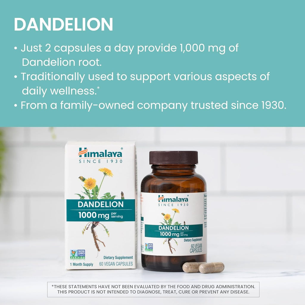 Himalaya Dandelion - Dandelion Root Supplement Supporting Daily Wellness and Health - Vegan, Gluten Free, 1000 Mg, 60 Capsules