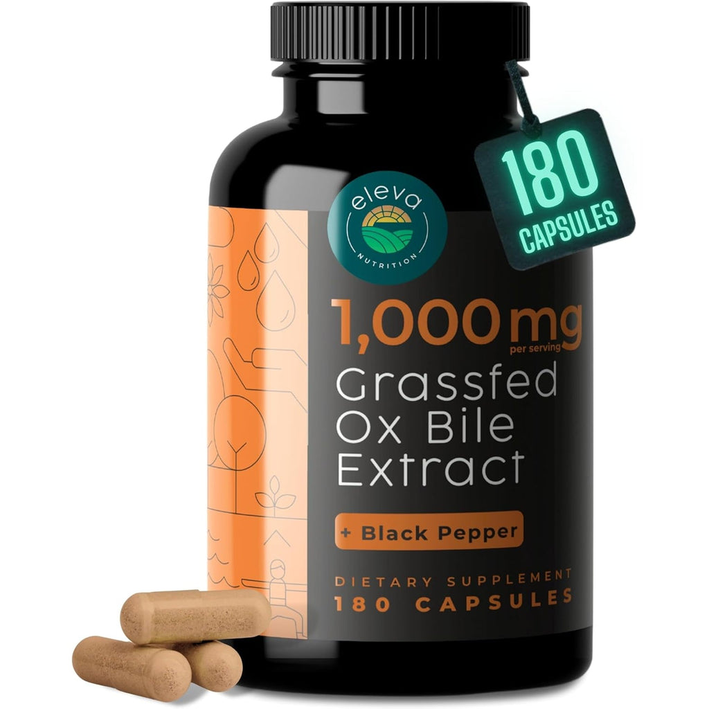 Grass-Fed Ox Bile Extract 1000Mg Bile Salts Supplements with Black Pepper for Faster Absorption - Supports Digestive Health - 180 Capsules