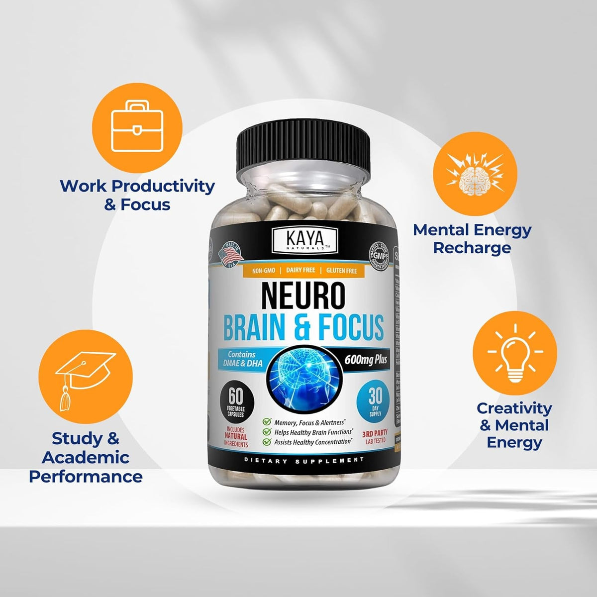 Kaya Naturals - Neuro Brain for Memory & Focus - Nootropic Energy Capsule - Nootropic Brain Support Supplement - Focus & Concentration & Learning Accuracy - Cognitive Function - 60 Count