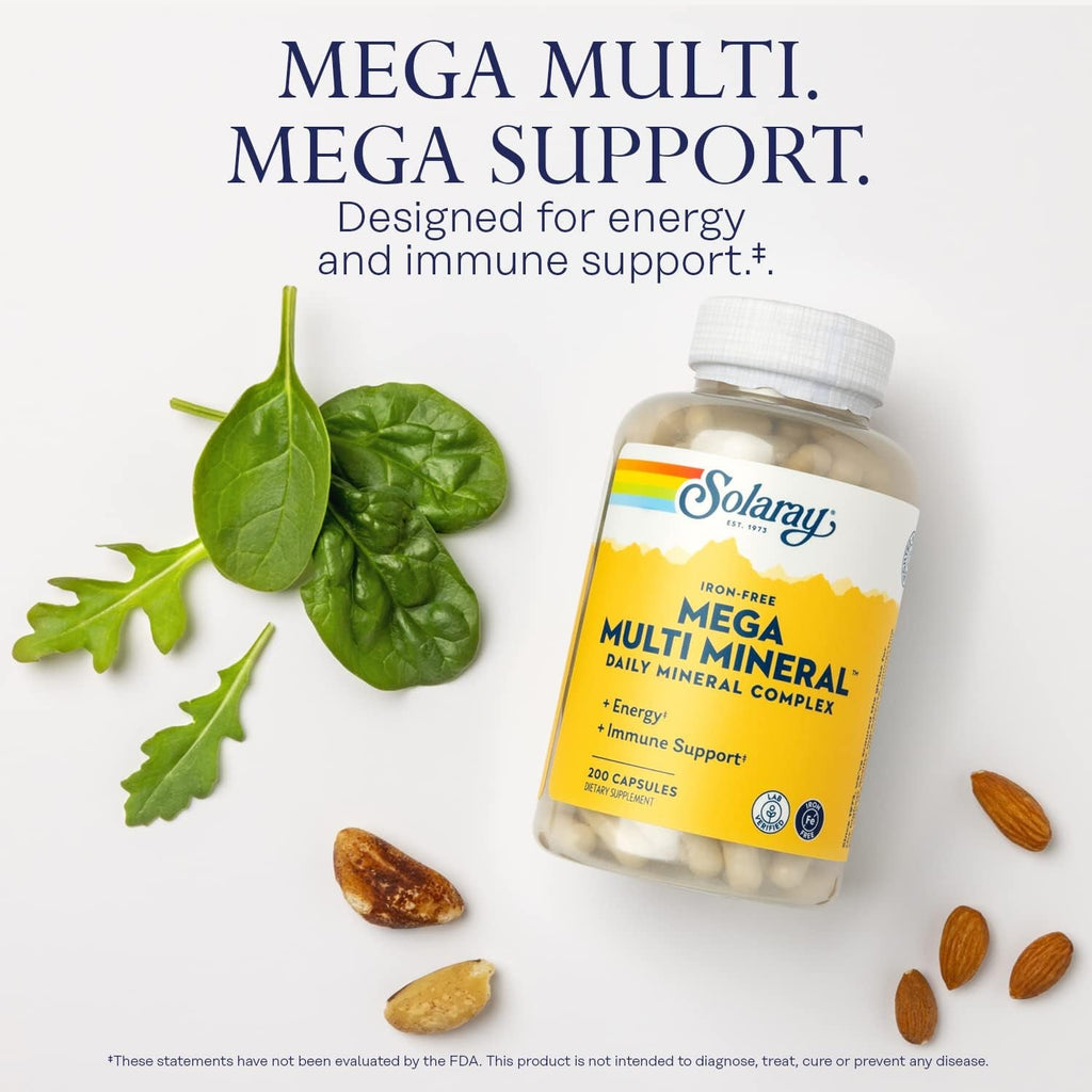 SOLARAY Mega Multi Mineral, Iron Free - Daily Mineral Supplement W/Trace Minerals, Electrolytes, Calcium, Magnesium, Zinc, Selenium, Boron -Cellular Energy, Immune Support, 60-Day Guarantee, 50 Serv