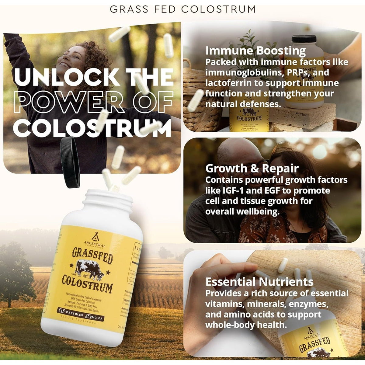 Ancestral Supplements Grass Fed Beef Colostrum Supplement, 3000 Mg, Offers Immune Support and Promotes Gut Health, Athletic Performance, Healthy Iron Levels, Growth and Repair, Non GMO, 180 Capsules