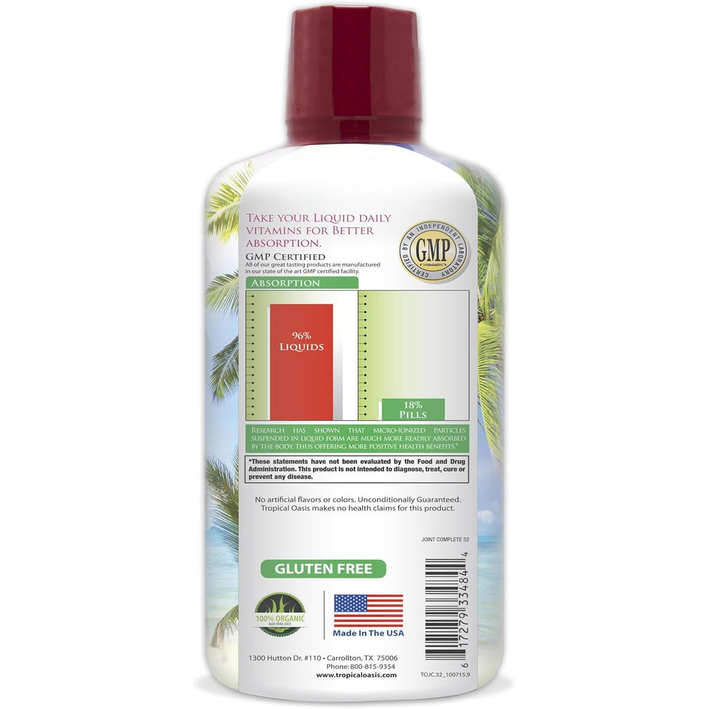 Tropical Oasis Joint Complete Premium - Liquid Joint Supplement with Liquid Glucosamine Sulfate, Chondroitin, MSM & Hyaluronic Acid - 96% Max Absorption– 32Oz, 32 Serv, 33484
