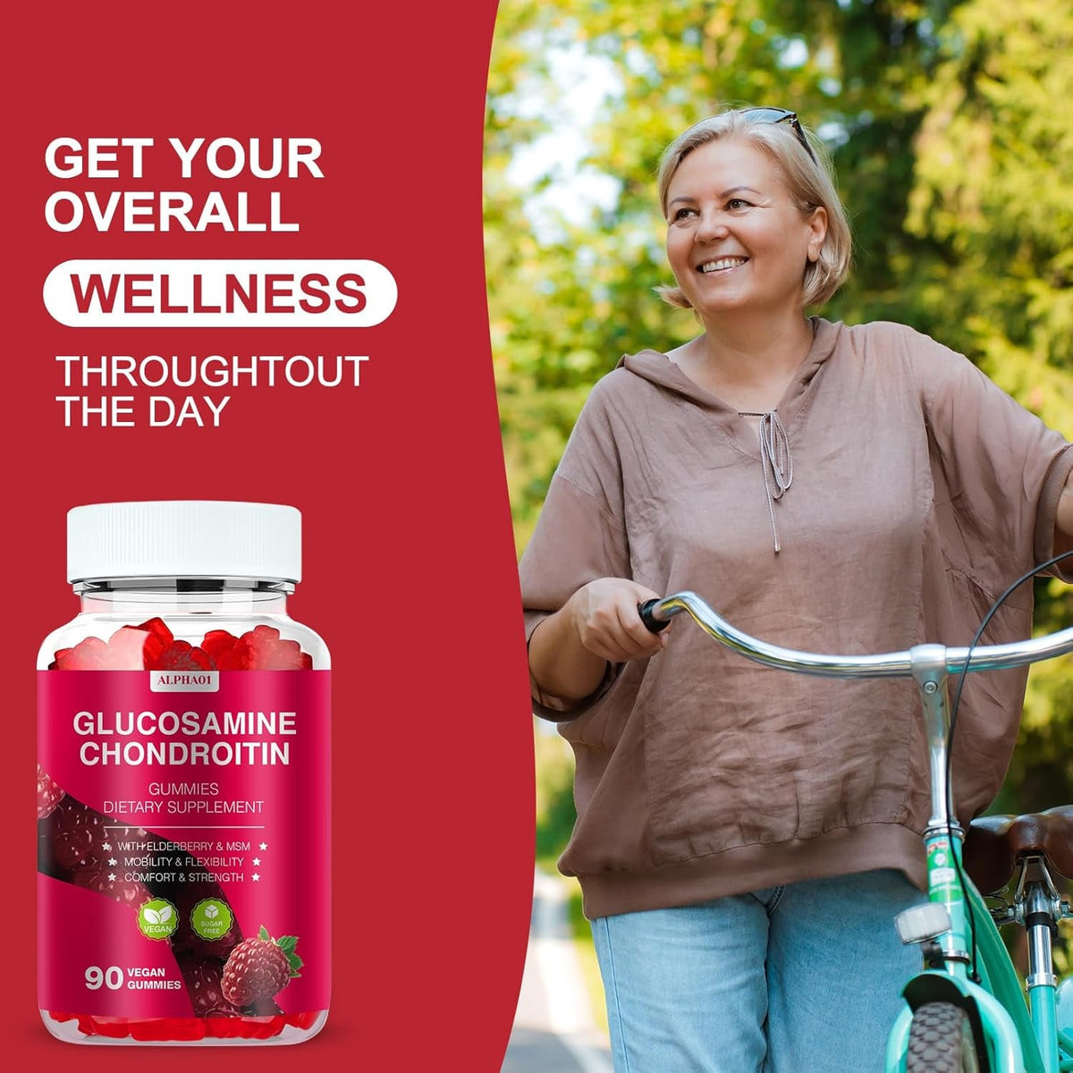 Glucosamine Chondroitin Gummies - 3000MG Extra Strength Joint Support Supplement with MSM & Elderberry, Flexibility, Antioxidant Immune Support Gummy for Adults, Men & Women - 90 Raspberry Gummies