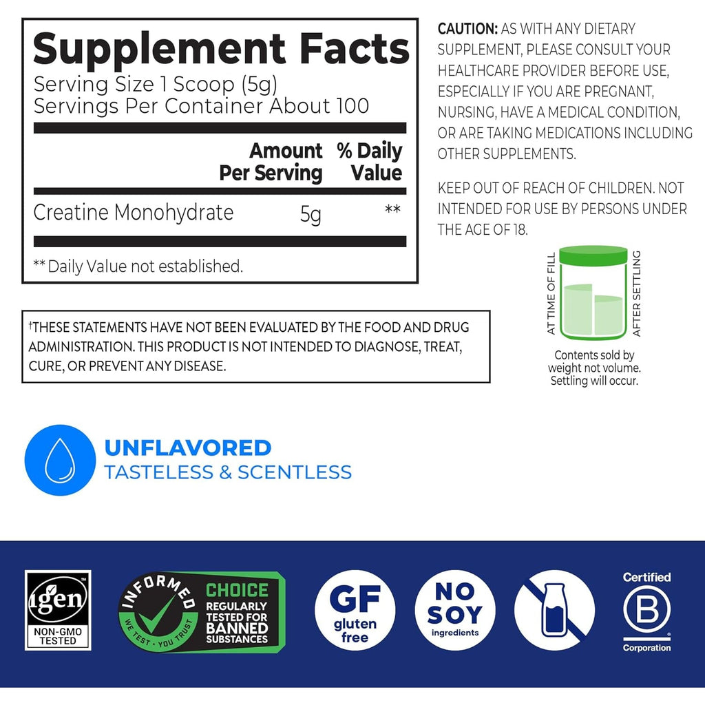Orgain Creatine Monohydrate Micronized Powder, 100 Servings, Unflavored, Supports Muscle Growth, Post Workout Recovery and Brain Health, No Artificial Additives, for Men & Women (Packaging May Vary)