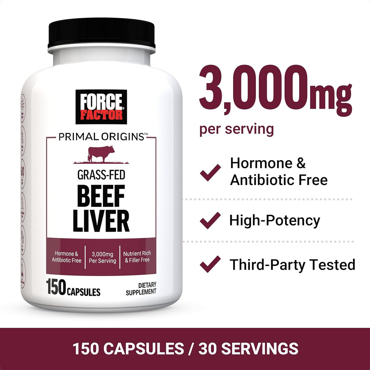 Force Factor Primal Origins Beef Liver Capsules, Grass Fed Beef Organ Supplement, Pasture-Raised, Hormone & Antibiotic Free, Non-Gmo, 150 Capsules