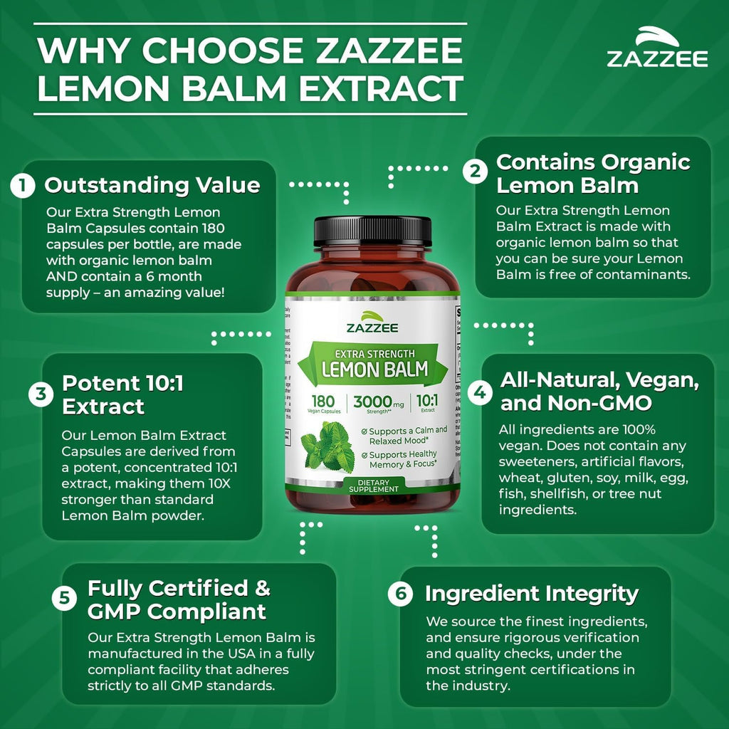 Zazzee Organic Lemon Balm 10:1 Extract, 180 Vegan Capsules, 6 Month Supply, Melissa Officinalis, Calm, Mood, Stress & Relaxation Support, Herbal Supplement, All-Natural, Non-Gmo, Made in the USA
