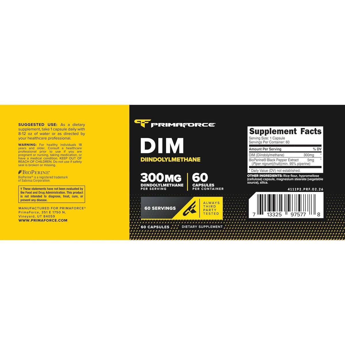 Primaforce DIM Supplement (Diindolylmethane) 300Mg, 60 Vegetarian Capsules - with Bioperine Black Pepper Extract for Enhanced Absorption, GMO Free, Gluten Free