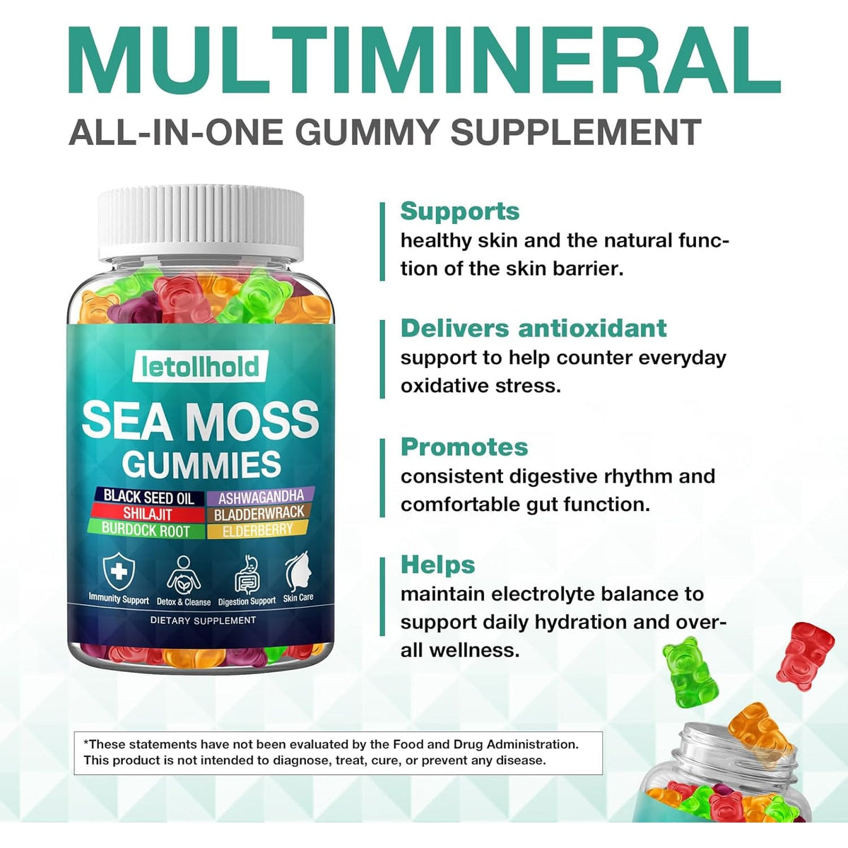 Sea Moss Gummies - Irish Sea Moss Gummies Advanced for Adults with Ashwagandha Bladderwrack & Burdock Root for Supports Immune，Energy - 60 Vegan Gummy,2Pcs