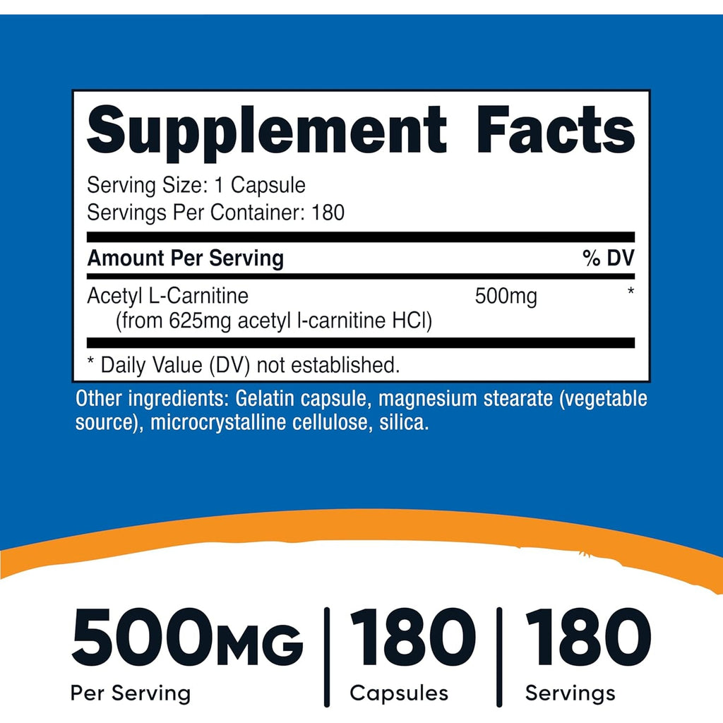 Nutricost Acetyl L-Carnitine (ALCAR) 500Mg, 180 Capsules, 180 Servings - Non-Gmo and Gluten Free, 1 Capsule per Serving