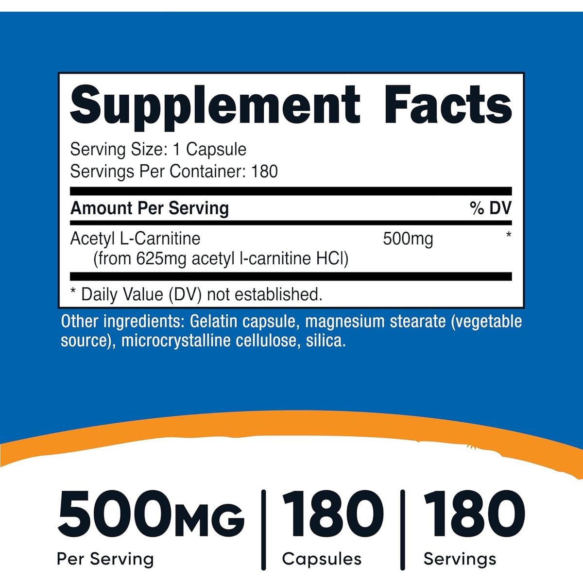 Nutricost Acetyl L-Carnitine (ALCAR) 500Mg, 180 Capsules, 180 Servings - Non-Gmo and Gluten Free, 1 Capsule per Serving