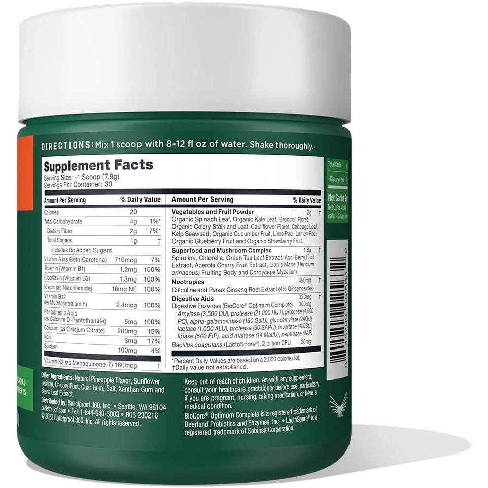 Bulletproof Greens, 8.4 Ounces, Daily Greens Powder with Superfoods, Nootropics, Vegetables, Fruits and Essential Nutrients