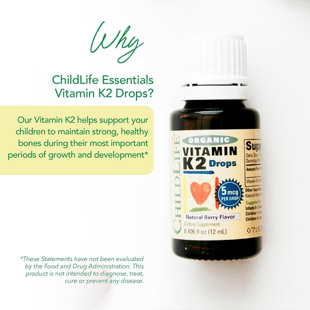 Childlife Essentials Organic Vitamin K2 Drops - Infant Toddler Baby Vitamin K, K2 Supplement for Kids, Liquid K2 as MK7, Vitamin K Drops - Natural Berry Flavor, 0.25 Fl Oz (Pack of 1)