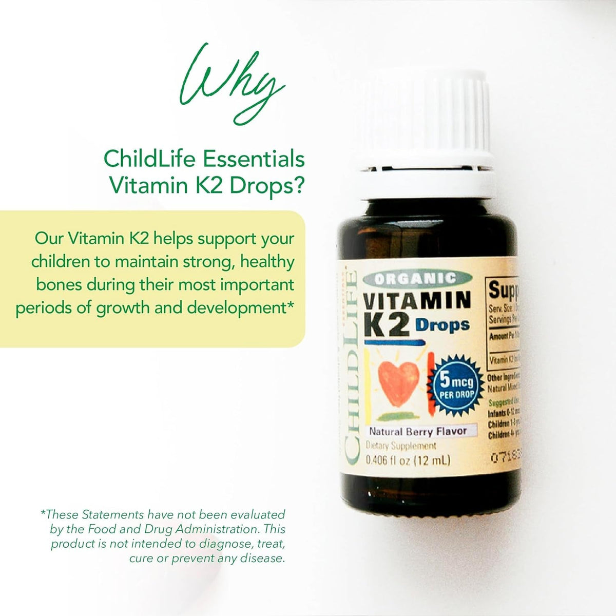 Childlife Essentials Organic Vitamin K2 Drops - Infant Toddler Baby Vitamin K, K2 Supplement for Kids, Liquid K2 as MK7, Vitamin K Drops - Natural Berry Flavor, 0.25 Fl Oz (Pack of 1)