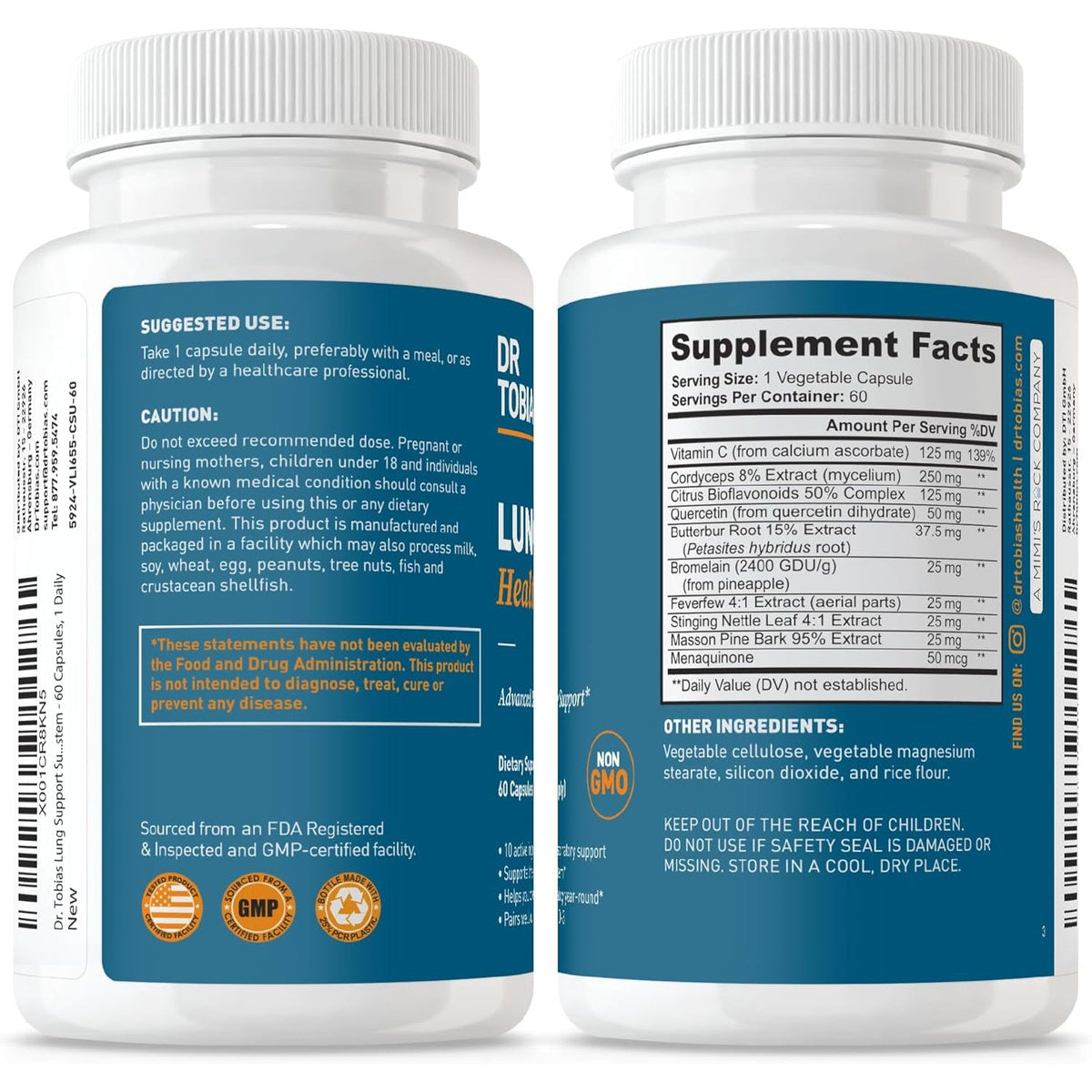 Dr. Tobias Lung Health - Lung Support Supplement with Vitamin C, Butterbur, Quercetin & Bromelain | Lung Cleanse & Detox Formula for Bronchial & Respiratory System Non-Gmo (60 Capsules, 60 Servings)