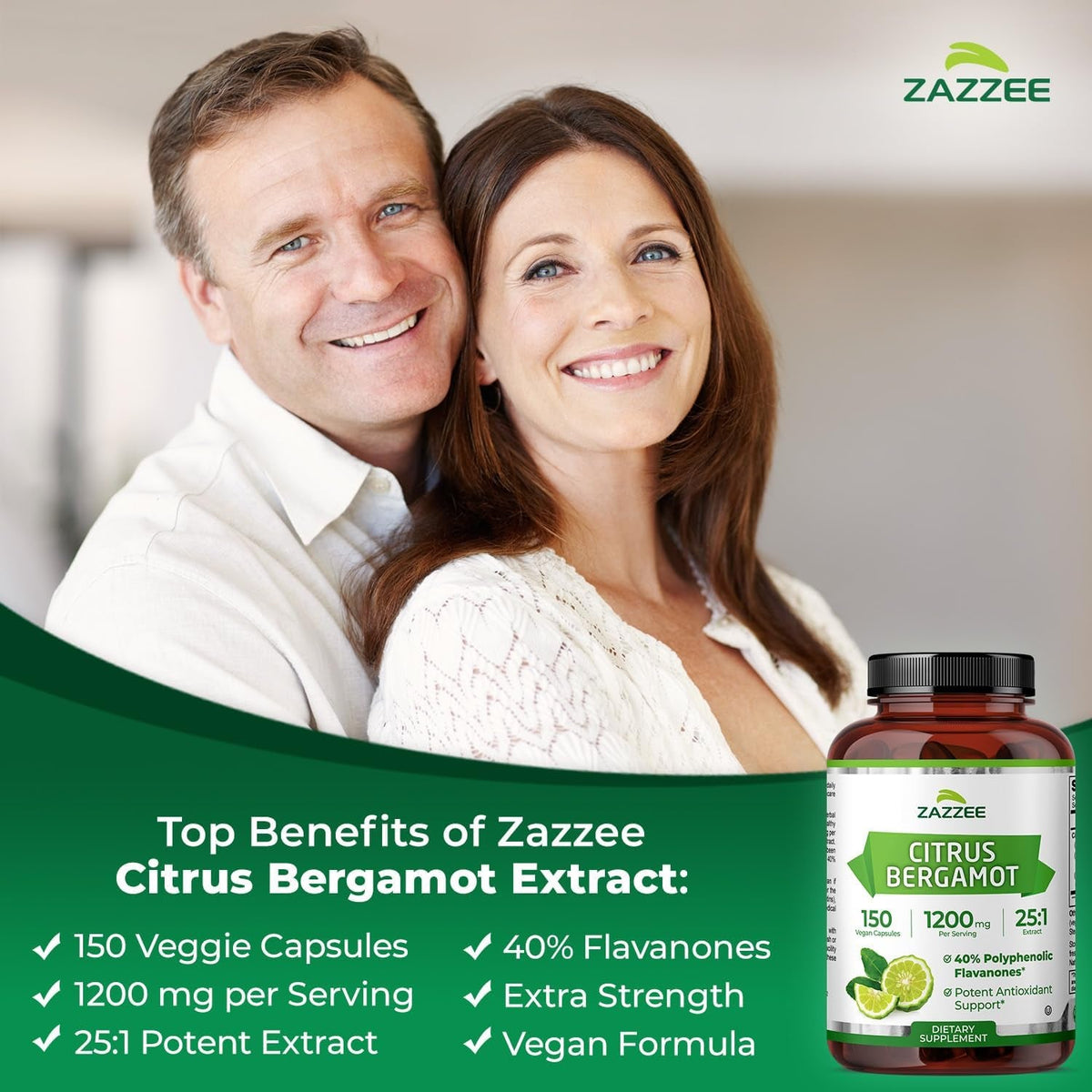 Zazzee Citrus Bergamot 25:1 Extract, 1200 Mg per Serving, 40% Polyphenolic Flavanones, 150 Vegan Capsules, 5 Month Supply, Citrus Bergamia, Antioxidant Support, Certified Kosher, Non-Gmo, Made in USA