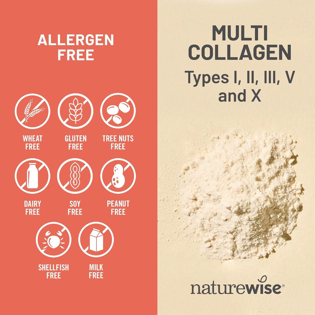 Naturewise Multi Collagen Peptides Pills for Women & Men - Type I, II, III, V, X W/Hyaluronic Acid - Supports Skin, Hair, Joint Health* - Grass Fed, Gluten Free, Non-Gmo - 90 Capsules[30 Day Supply]