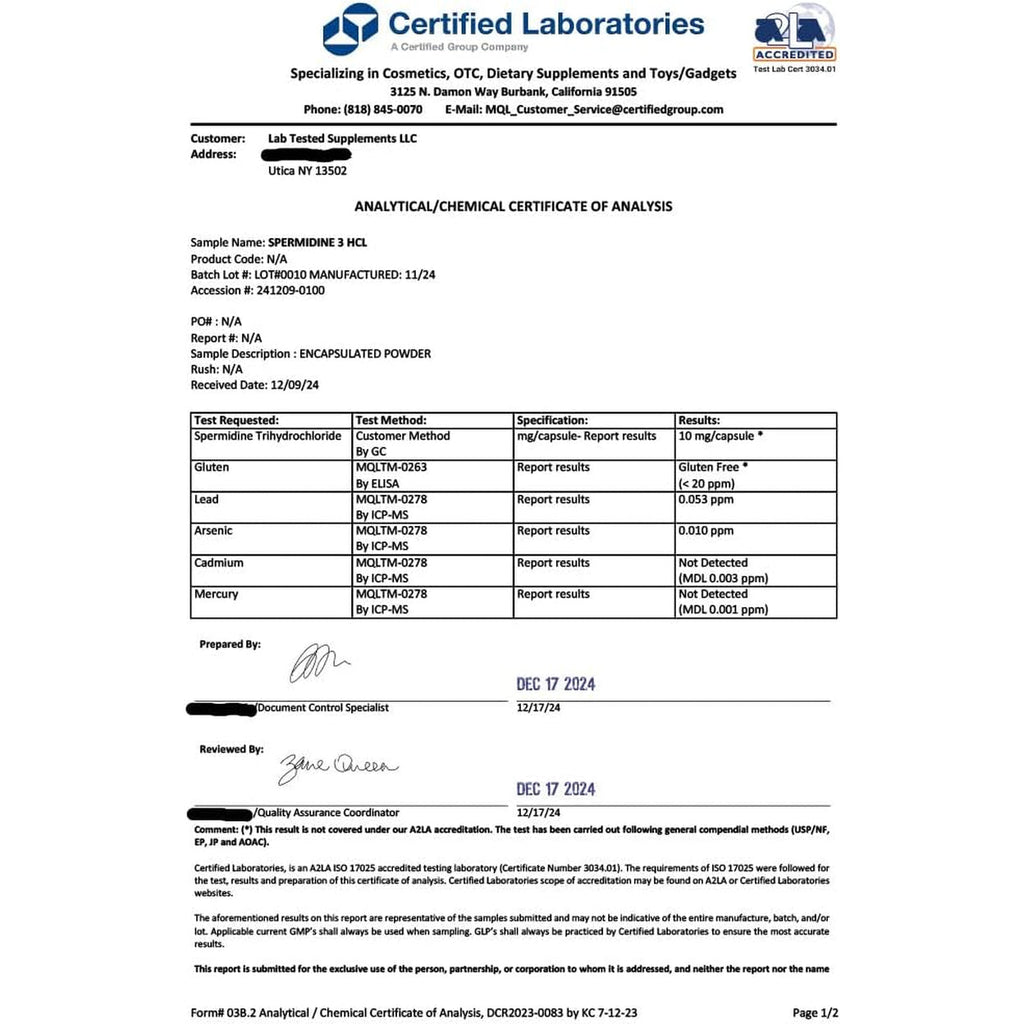 Spermidine 3HCL Supplement - 120 10Mg Capsules - 3Rd Party Coa'S Provided with Every Lot# - Spermidine Trihydrochloride