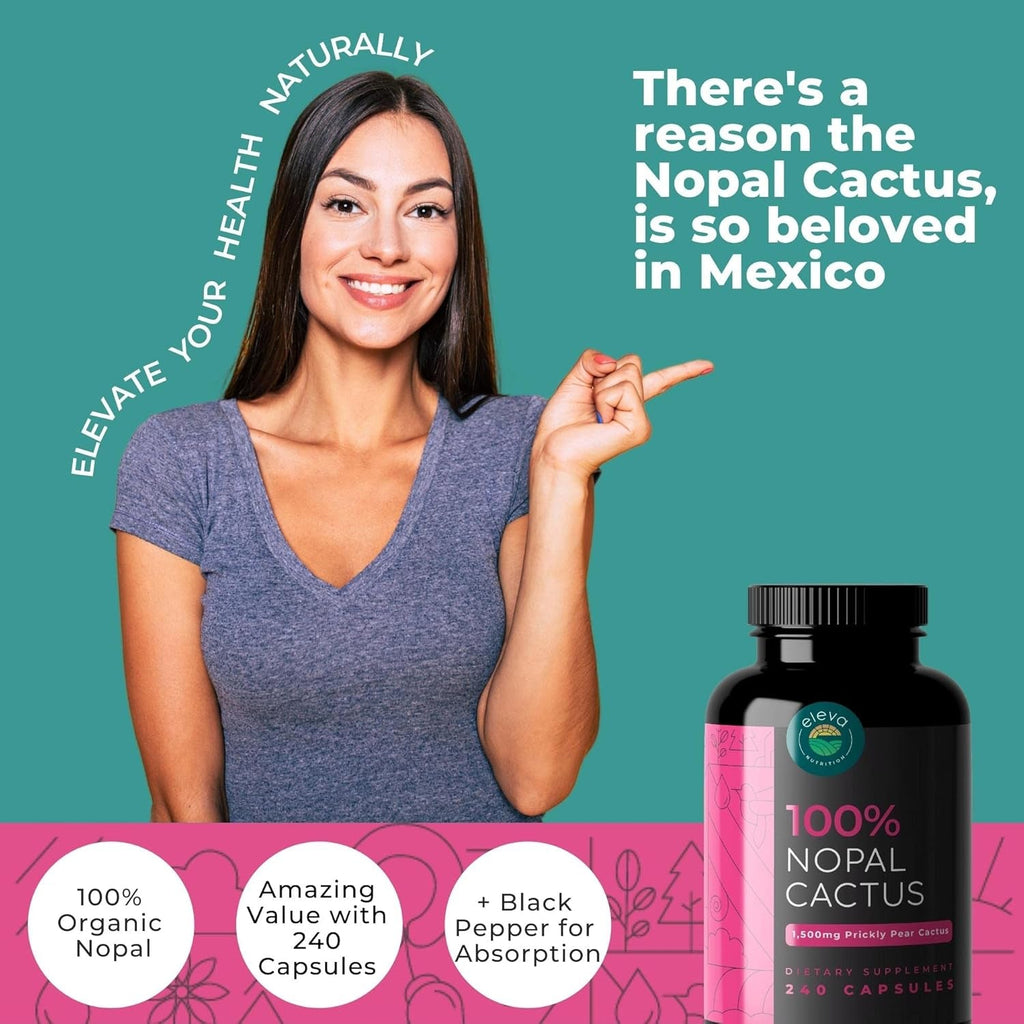 Nopal Cactus Capsules 1500Mg- Organic Sun-Dried Prickly Pear Cactus Powder & Black Pepper Extract for Absorption- Natural Prickly Pear Super Supplement- Fiber, Vitamins and Minerals 240 Capsules