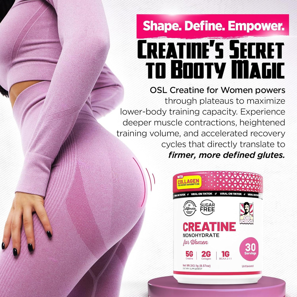 Old School Labs Creatine for Women – Post-Workout Supplement with 5000Mg Creatine Monohydrate Powder, 2000Mg Collagen & BCAA 2:1:1 for Strength Support & Recovery – Unflavored - 8.57 Ounce (Pack of 1)