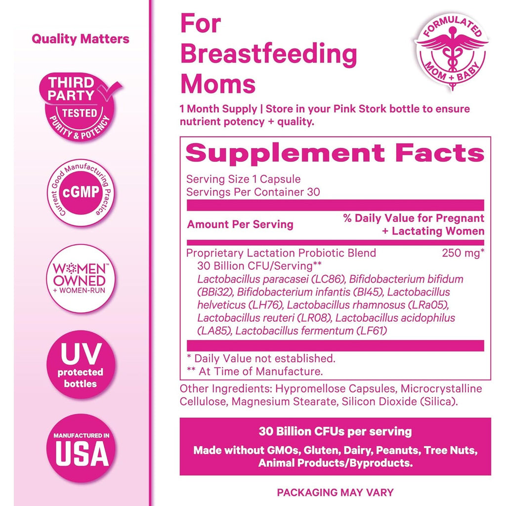 Pink Stork Lactation Probiotic - 30 Billion Cfus Multi Strain Postnatal Probiotics for Breastfeeding Women - Support Breast Milk & Gut Health, Postpartum Essentials, 30 Capsules