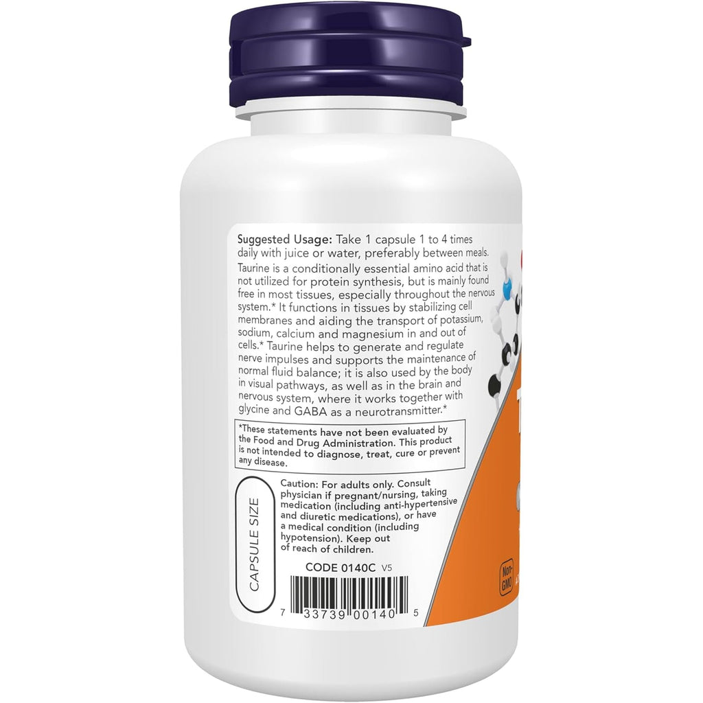 NOW Supplements, Taurine 500 Mg, Nervous System Health*, Amino Acid, 100 Veg Capsules