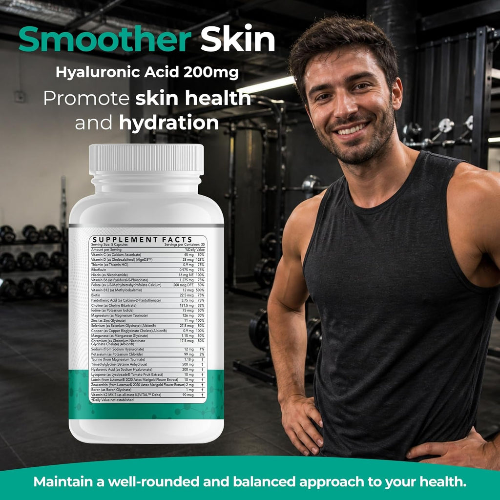 Daily Low Dose Multivitamin & Mineral for Men & Women to Support Cognitive Performance & Memory + Hyaluronic Acid for Skin Health + TMG for Exercise (150 Count)