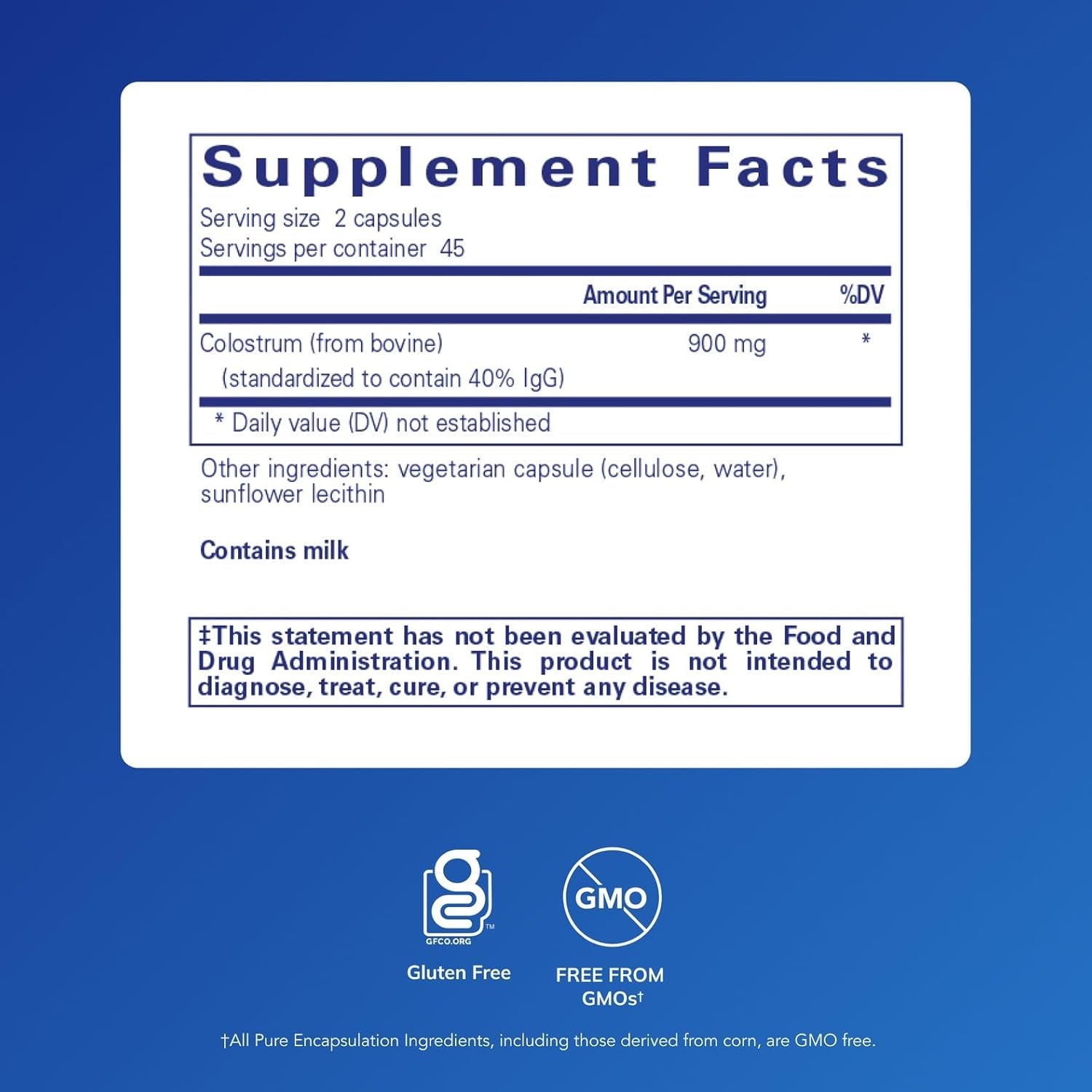 Pure Encapsulations Colostrum | 40% Igg Highly Concentrated Immune Support | 90 Capsules
