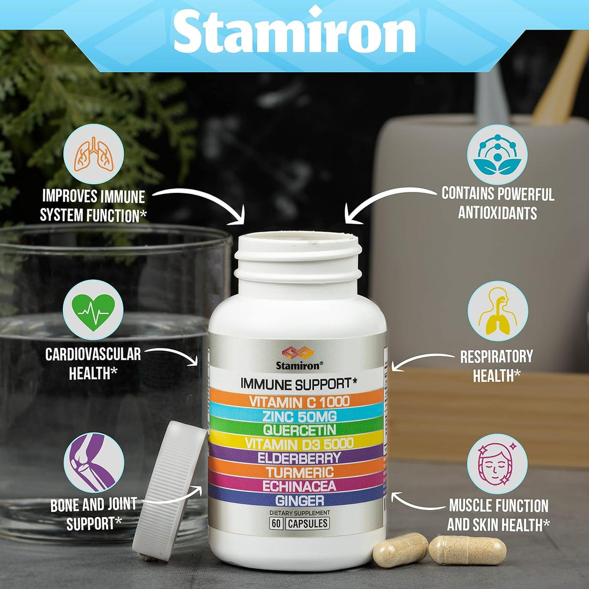 8 in 1 Immune Support with Quercetin Zinc 50Mg Vitamin C 1000Mg Vitamin D3 5000 IU and Elderberry Echinacea Ginger for Adults Kids - VIT D Supplement Veg Capsules