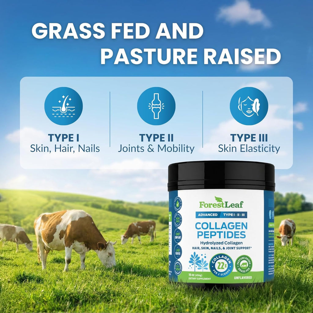 Forestleaf Collagen Peptides Powder Unflavored - Hydrolyzed Grass Fed Keto Collagen Protein Powder Type 1, 2 & 3 - Vital Hair, Skin, Nails, Joints, Recovery, 11G per Serving