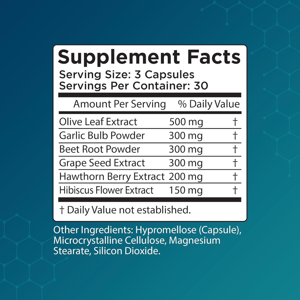 Blood Pressure Support - Vitamin Supplement for Healthy Heart & Blood Circulation - Beet Root, Hawthorn Berry, Garlic, Hibiscus, Olive Leaf & Grape Seed Extract - 90 Capsules