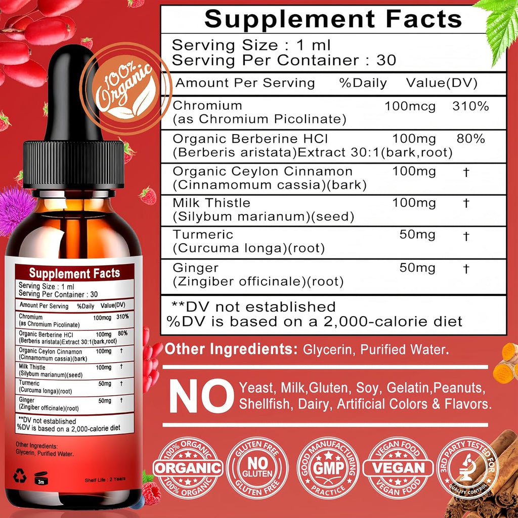 Berberine Drops, High Absorption 6-In-1 Liquid Berberine Supplement with Ceylon Cinnamon Milk Thistle Turmeric, Premium Berberine Hcl for Immune Function Metabolic & Digestive Support, 30 Servings