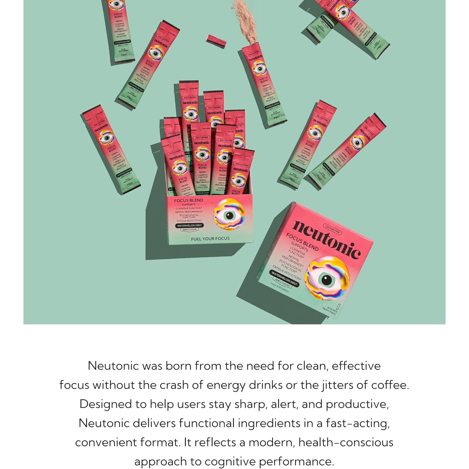 Neutonic Nootropic Focus Blend Powder | Watermelon Mint 16 Sticks | Caffeine Free, Zero Sugar | Support Memory, Mental Clarity, Cognitive Function | Boost Focus, Energy, Brain Health