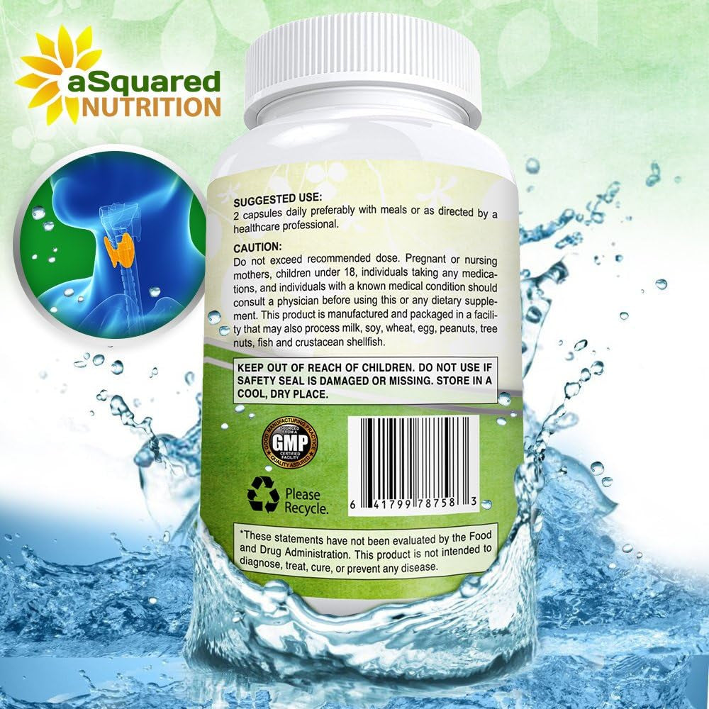 Asquared Nutrition Premium Thyroid Support Supplement with Iodine (180 Capsules) - Best Herbal & Vitamin Complex Pills W/ B12, Ashwagandha, Bladderwrack & Kelp - Helper for Healthy Hormone & Energy