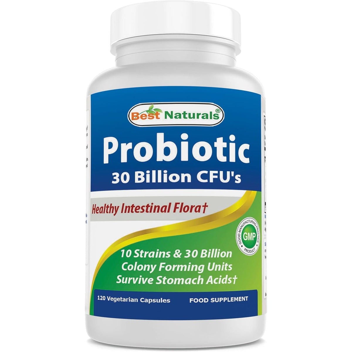 Best Naturals Probiotic 10 Strains & 30 Billion CFU Intestinal Flora, 120 Veggie Capsules - Shelf Stable Probiotic (4146365)