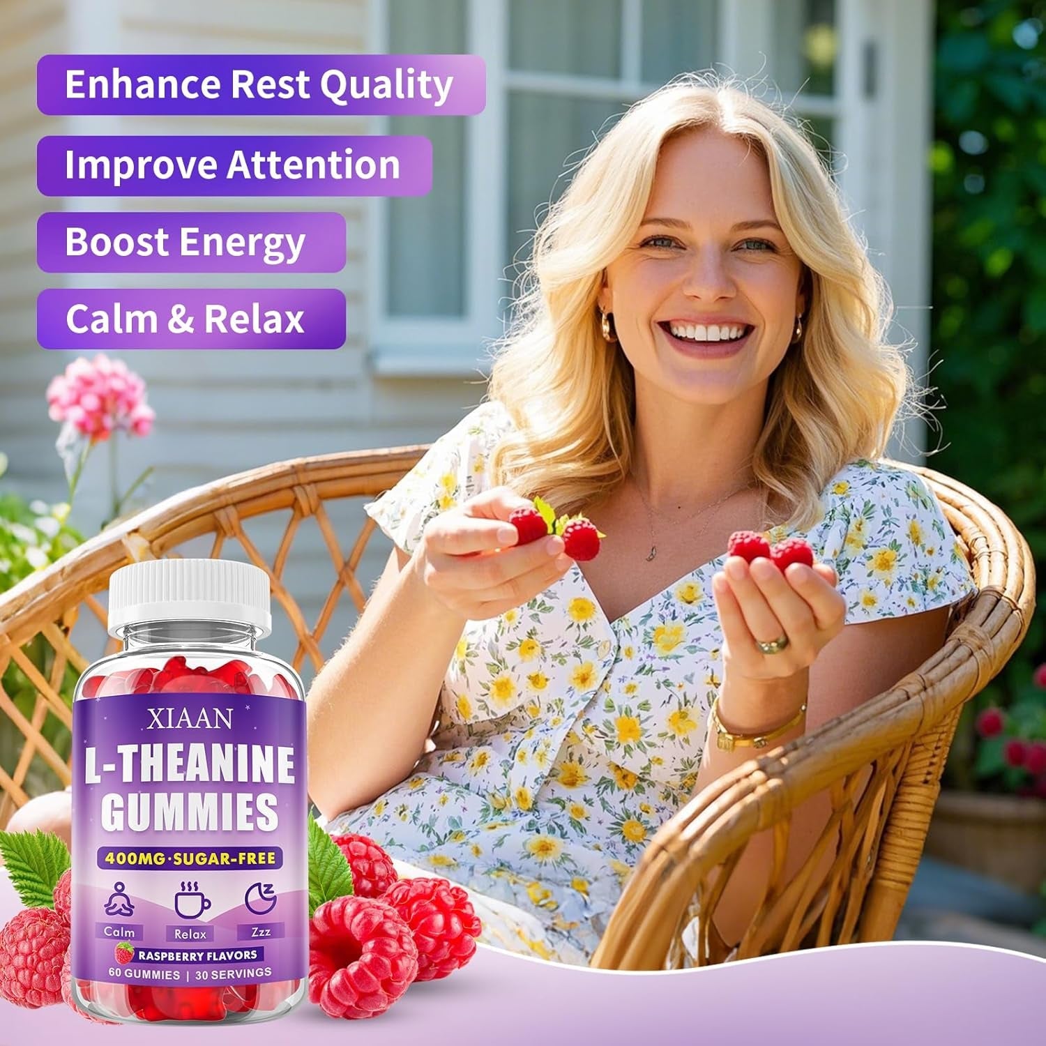 L-Theanine Gummies for Kids & Adults, L'Theanine 400Mg Chewable L Theanine Supplement for Calm, Zzz & Relaxation Support, Vegan, Organic, Raspberry Flavor, 60 Counts