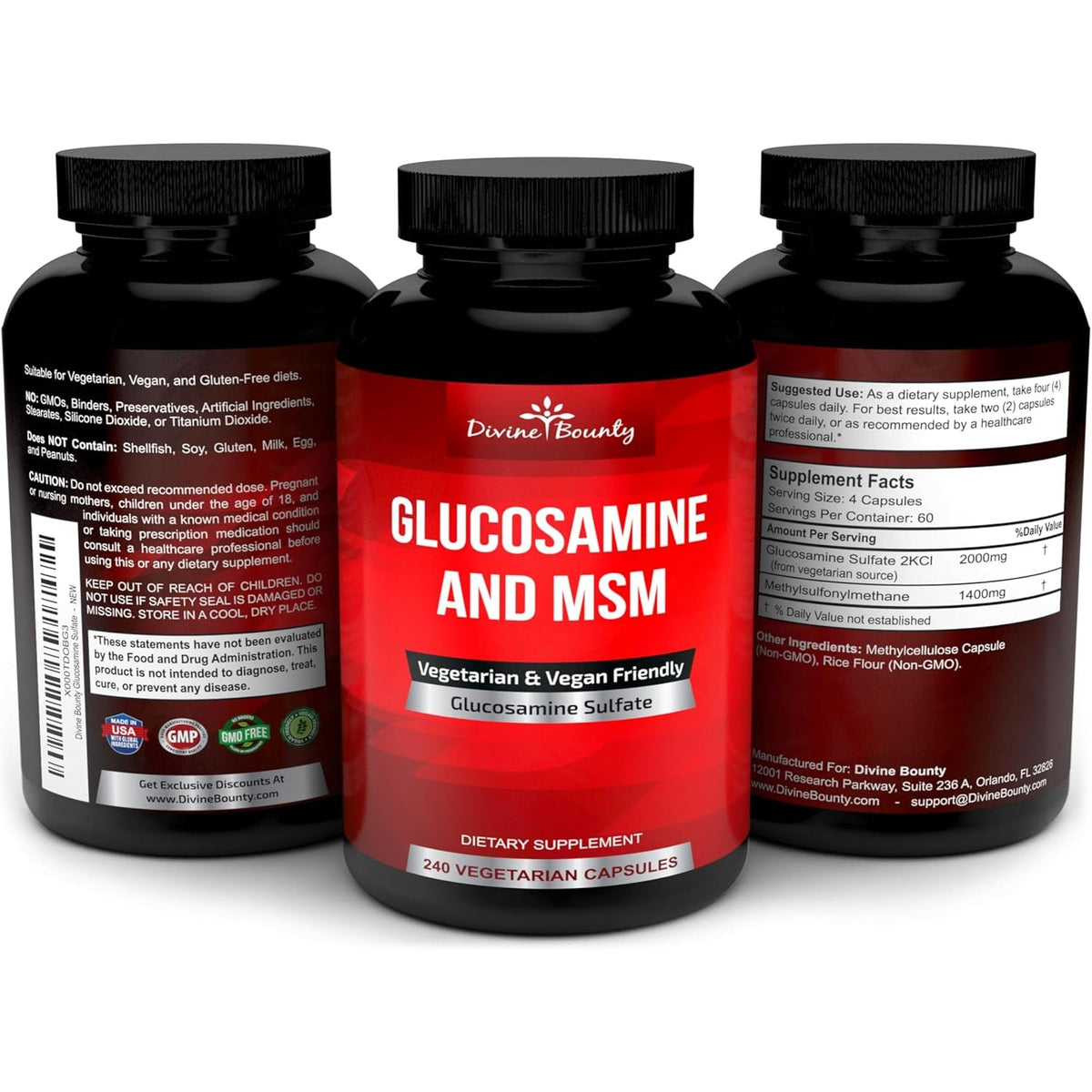 Divine Bounty Glucosamine Sulfate Supplement (2000Mg per Serving) with MSM - 240 Small Vegetarian Capsules - No Shellfish or Harmful Additives