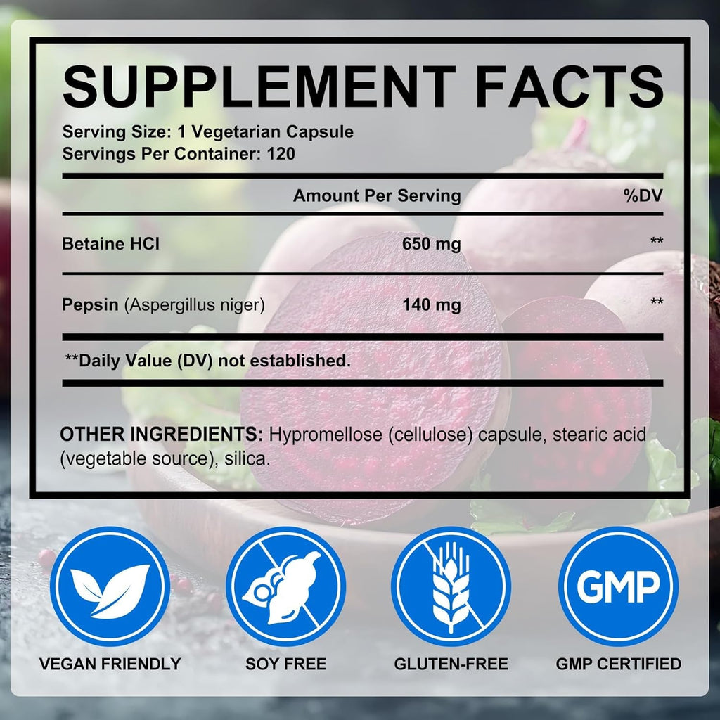 Betaine Hcl with Pepsin Digestive Enzymes Supplement, 120 Vegan Capsules, 790Mg Gluten-Free Formula for Digestive Support & Stomach Comfort, Plant-Based, Non-Gmo