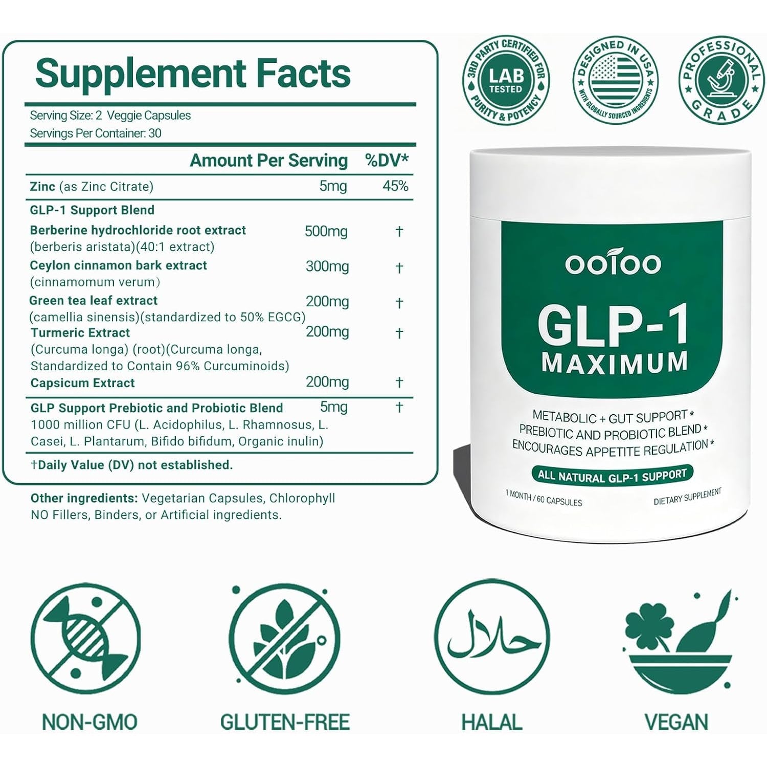 Ooioo GLP-1 Weight Loss Supplement with Berberine, Ceylon Cinnamon & Probiotic Blend for Appetite, GLP-1 Activate, Metabolism & Gut, Vegan, Non-Gmo, Halal Capsules for Men & Women