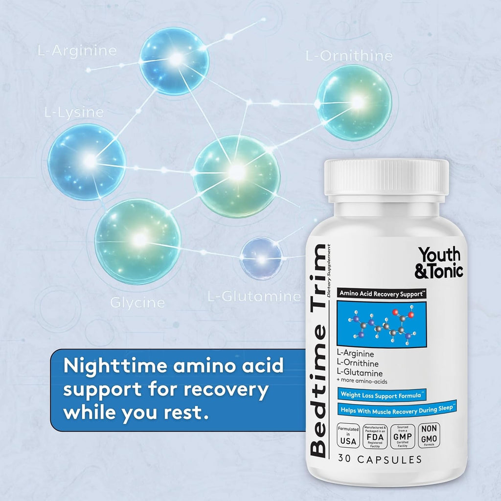 Youth & Tonic PM Bedtime Trim for Lean Appearance & Muscle Definition Support – Nighttime Amino Acids Supplement for Overnight Recovery, Men & Women, 30 Capsules