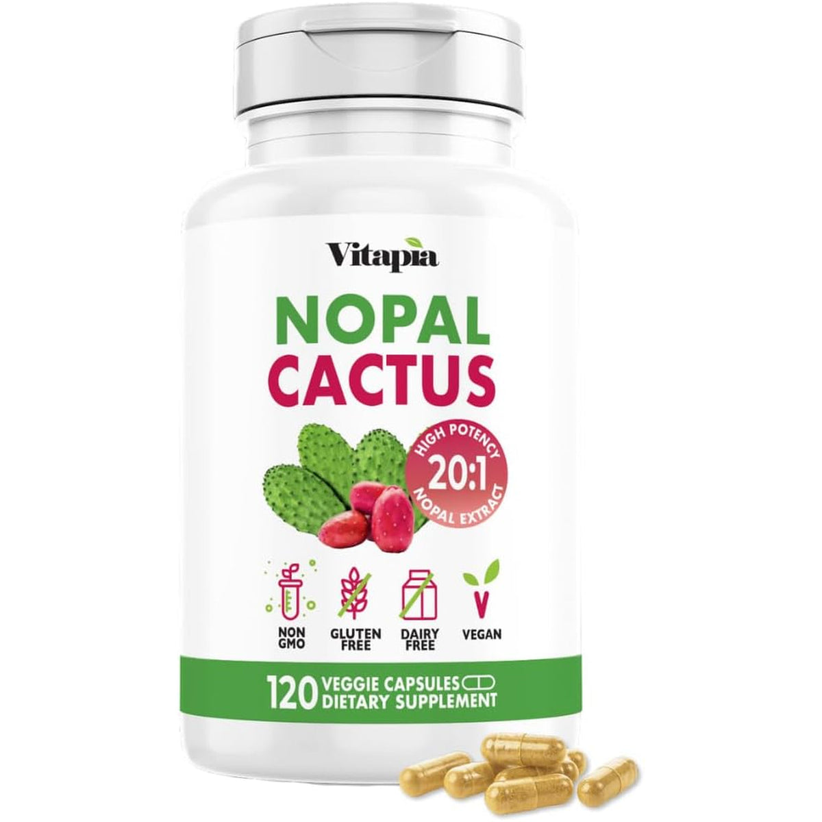 Vitapia Nopal Cactus Extract for Antioxidant, Skin, Metabolism, Wellness, Heart Health Support - 120 Veggie Capsules - Non GMO, Gluten Free Supplement