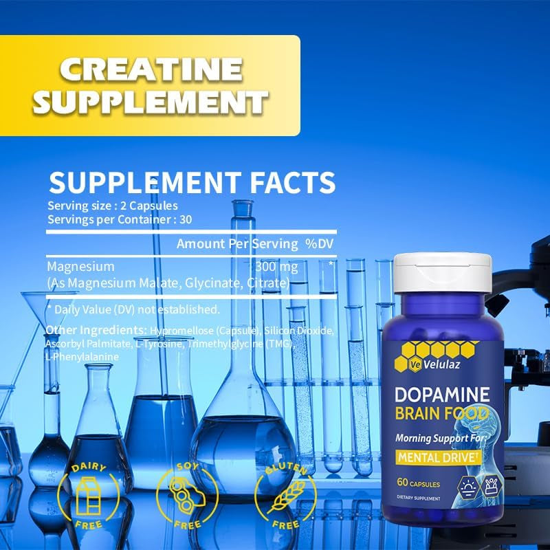 Dopamine Brain Nutritional Supplement - Dopamine &Magnesium Complex Formula for Concentration Support, Morning Mental Drive & Focus - Allergen-Free Mental Clarity Supplement, Professional Packaging