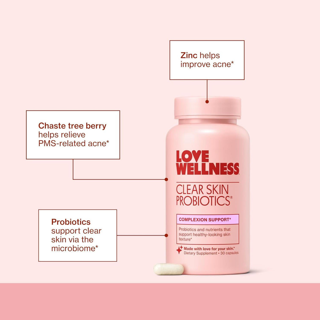 Love Wellness Clear Skin Probiotic | Clear up Hormonal Acne Pimples, Redness & Pore Minimizer | Skin Care with Zinc, Bifidobacterium Longum & Chaste Tree Fruit Extract | Acne Treatment | 30 Count