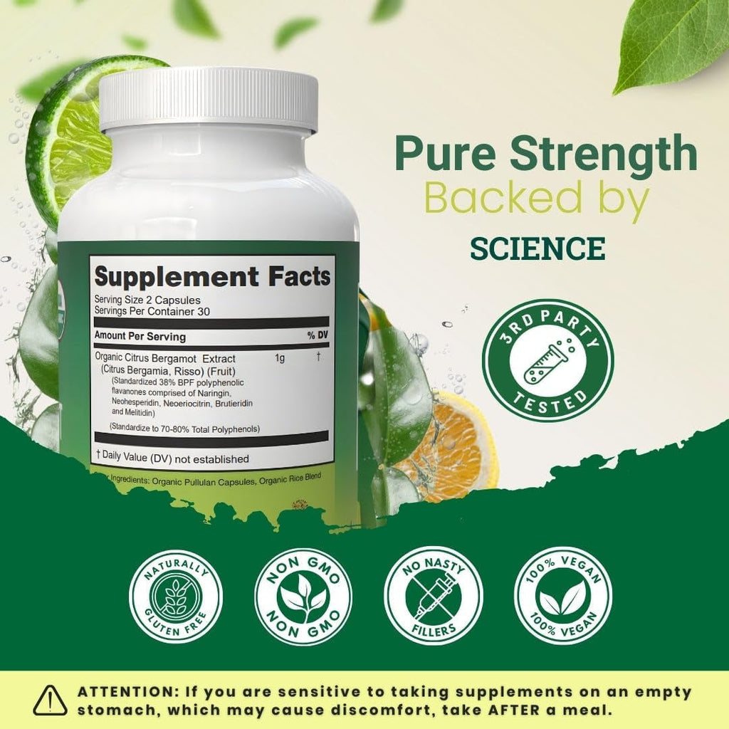 Organic Citrus Bergamot Supplement - Only USDA, Cardiologist Formulated with 200+ Scientific Studies -1000Mg - Patented Extract, Heart, Cholesterol, & Lipid - Italian Bergamot High Polyphenols 60Caps