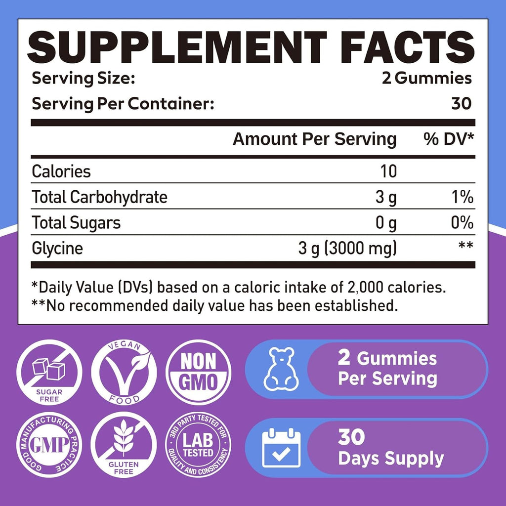 Duwhot Glycine Gummies, 3G(3000 Mg) Glycine Supplements for Sleep, Detox, Relax, Nerve Support, Blueberry Flavor, Sugar-Free, Vegan, Non-Gmo, Gluten-Free, 60 Ct.
