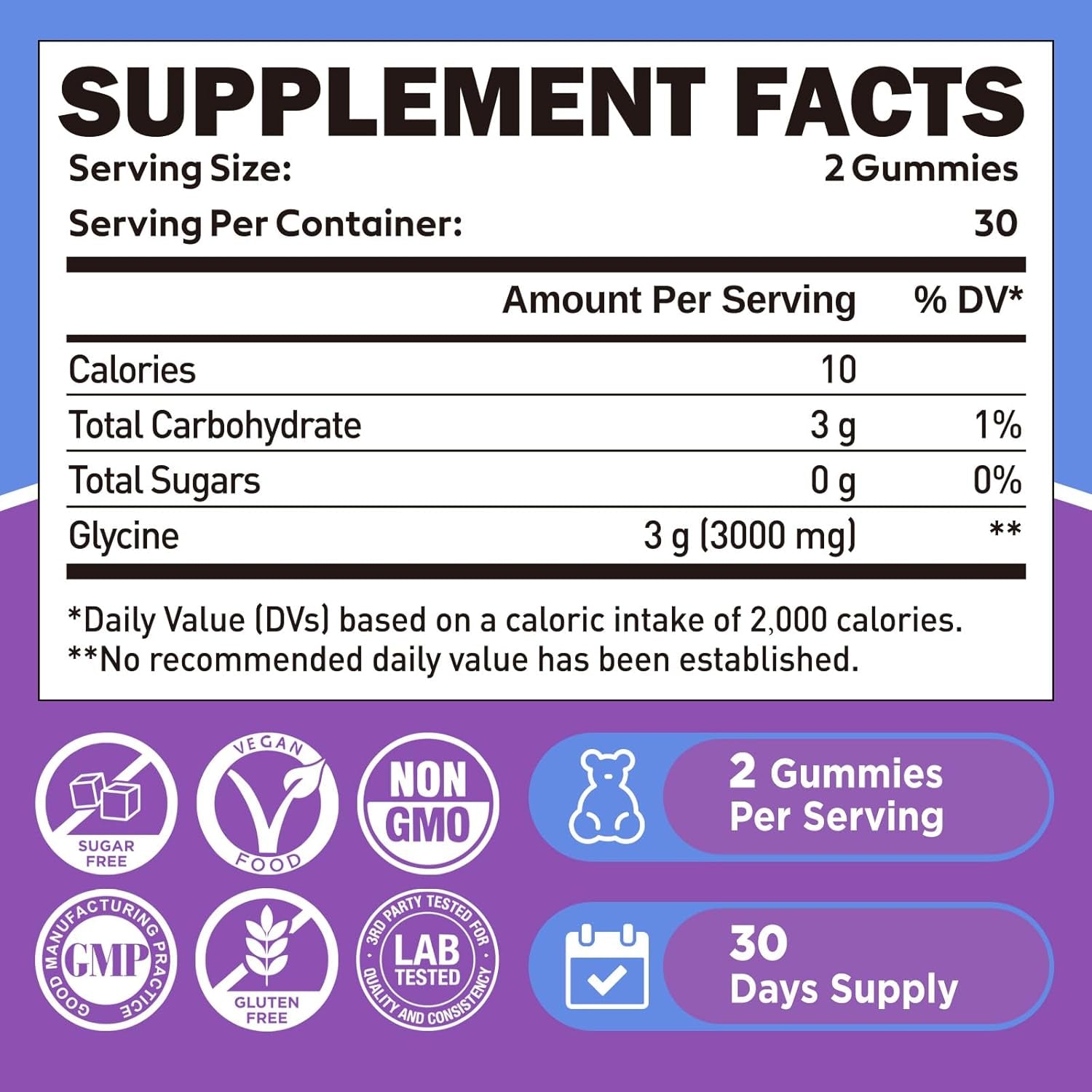 Duwhot Glycine Gummies, 3G(3000 Mg) Glycine Supplements for Sleep, Detox, Relax, Nerve Support, Blueberry Flavor, Sugar-Free, Vegan, Non-Gmo, Gluten-Free, 60 Ct.