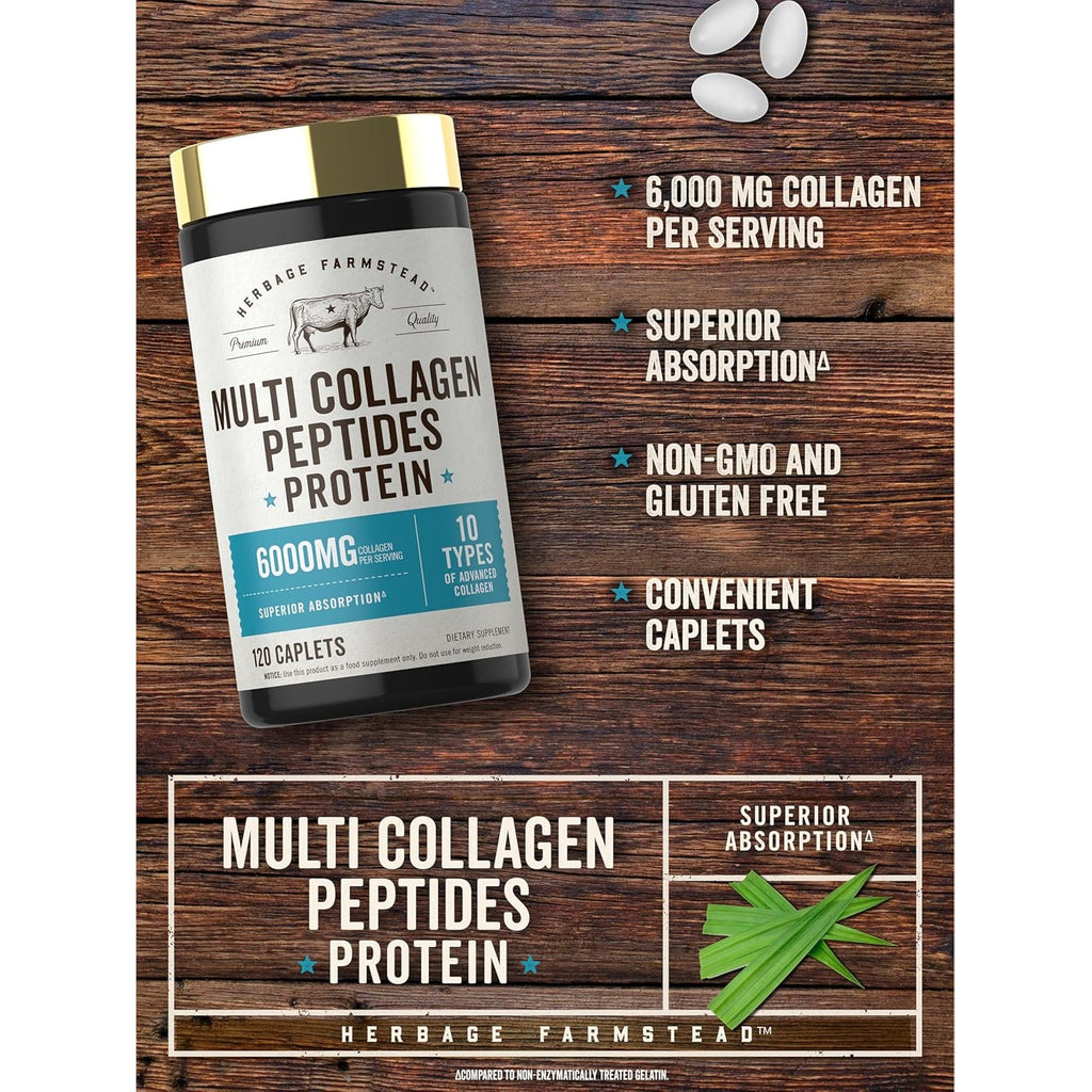 Carlyle Multi Collagen Peptides 6000Mg | 120 Caplets | 10 Types of Advanced Collagen with Protein | Non-Gmo, Gluten Free Supplement | by Herbage Farmstead