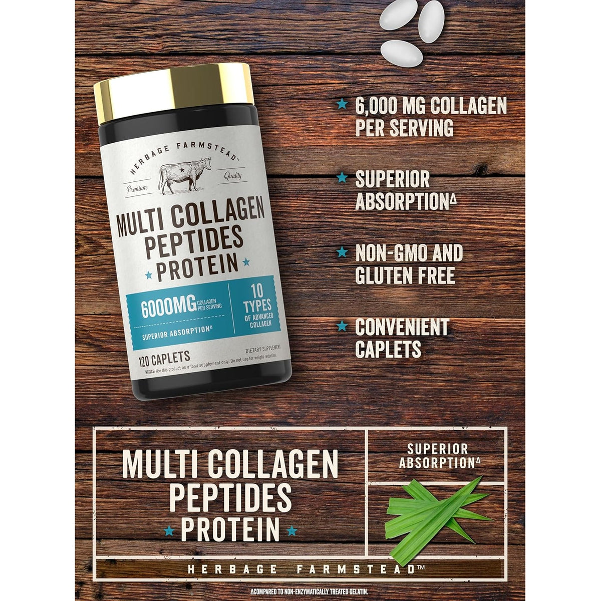 Carlyle Multi Collagen Peptides 6000Mg | 120 Caplets | 10 Types of Advanced Collagen with Protein | Non-Gmo, Gluten Free Supplement | by Herbage Farmstead
