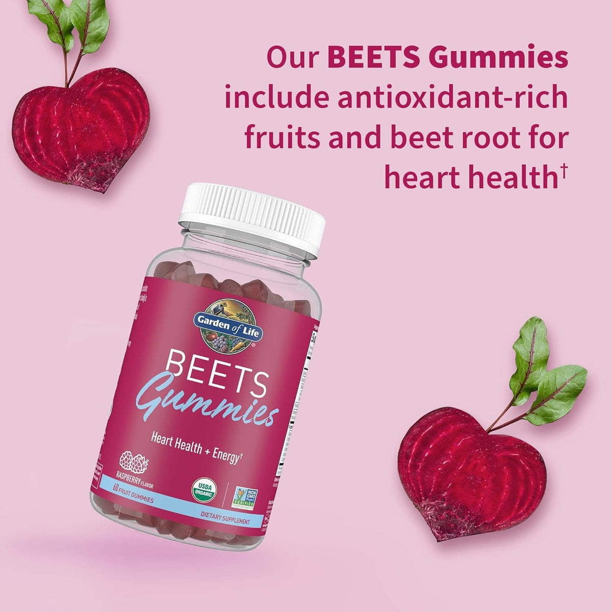 Garden of Life Organic Beet Root Gummies Made from Pectin with Antioxidants, Vitamin C, Vitamin D & B12 for Heart Health & Energy – BEETS Gummies – Vegan, Gluten Free, Non GMO, Raspberry, 30 Servings