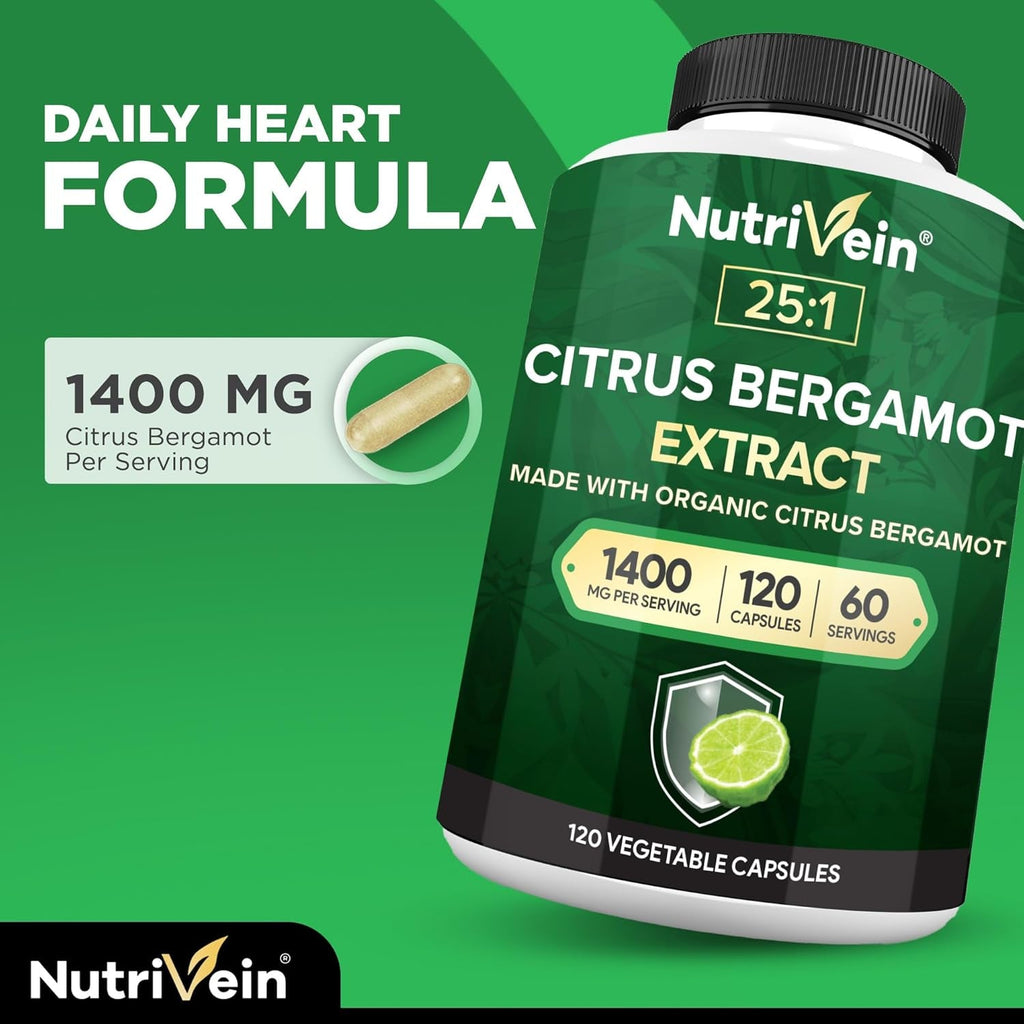 Nutrivein Premium Citrus Bergamot Supplement 1400Mg 25:1 Bergamia Extract - 60 Day Supply (120 Capsules): Powerful Italian Citrus Bergamot 1400 Mg+ High Concentration - Heart and Circulatory System