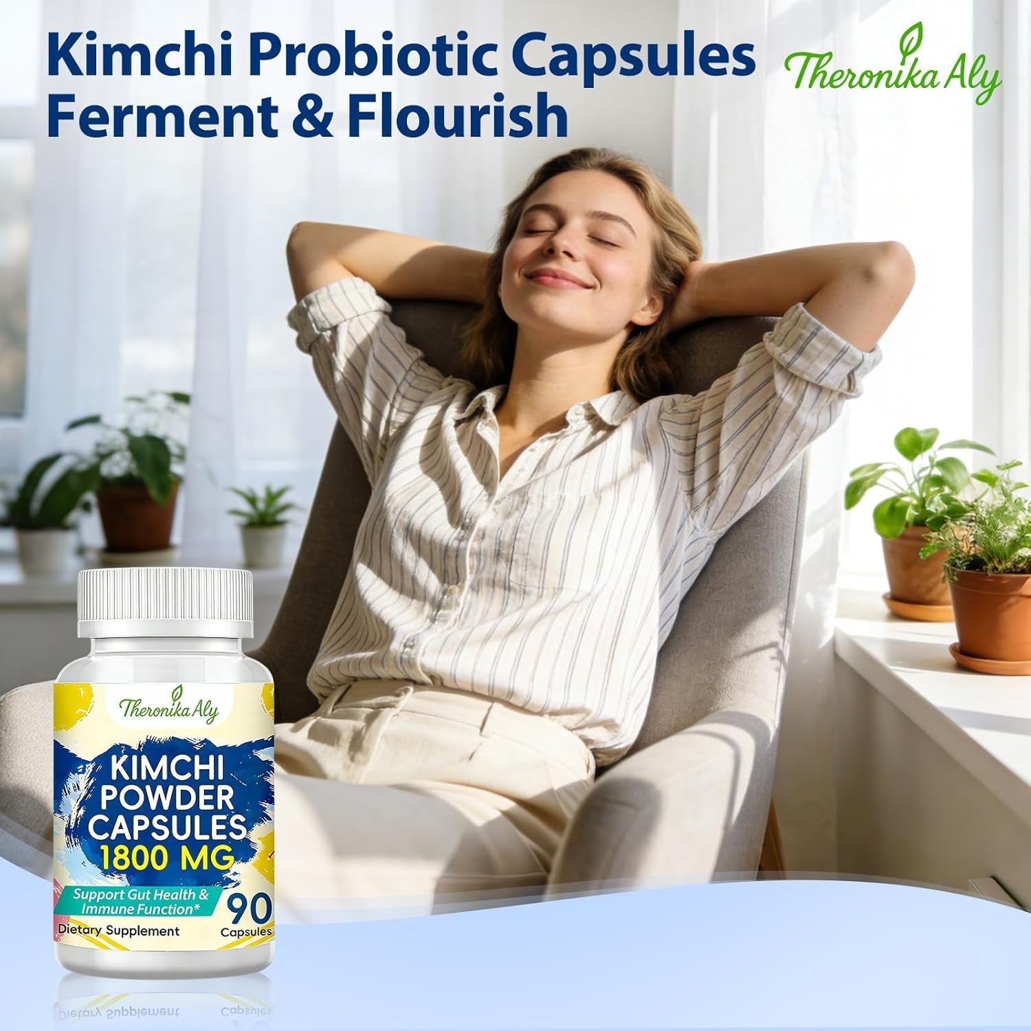 Kimchi Probiotic Capsules, Fermented Kimchi Powder with 10 Billion CFU Probiotics & Prebiotic Inulin, Gut Health & Digestive Support, Fermented Vegetable Superfood Supplement, 90 Vegan Capsules